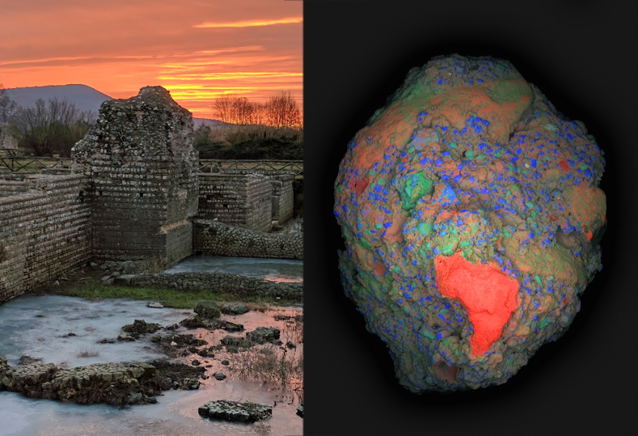 Roman remains at Privernum beside an elemental map of a concrete fragment — MIT / courtesy of the researchers. Original photograph / elemental map, resized.
