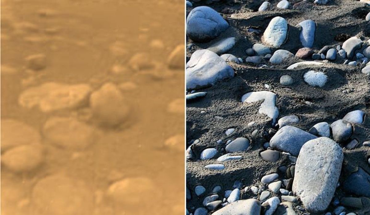 Rounded pebbles on Titan on the left, river rocks on Earth on the right — ESA / NASA / JPL / University of Arizona (Titan left), NASA comparison image (Earth right).