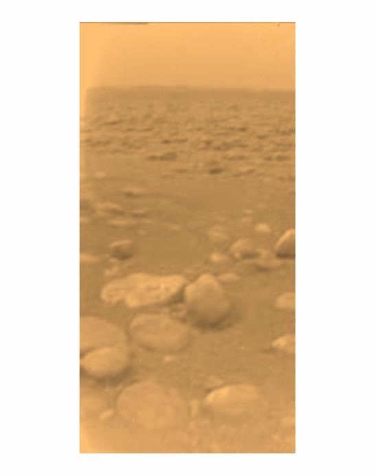 The actual view from Huygens on Titan’s surface in January 2005 — ESA / NASA / JPL / University of Arizona. Huygens surface photograph, 14 January 2005; processed colour view.