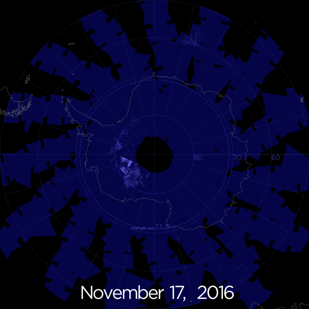 NASA AIM observations of Antarctic noctilucent clouds, 17–28 November 2016 — NASA / Dave Hughes (ground photograph); NASA / Joy Ng (AIM animation). Original imagery resized.
