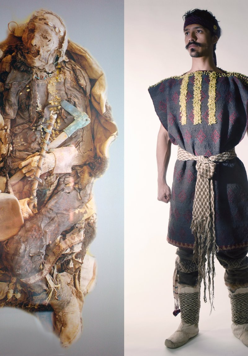 Original Yanghai burial find on the left; reconstructed outfit on the right — DAI EA / Dominic Hosner (original find, left); Jan Kersten (reconstructed outfit, right). Original image resized.