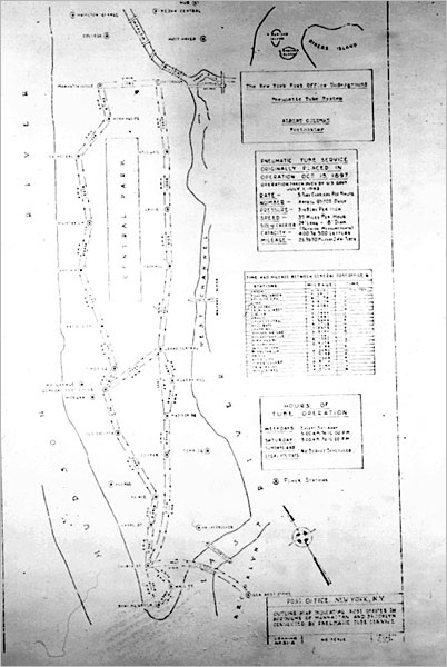 An archival map of pneumatic tube routes connecting New York City post offices