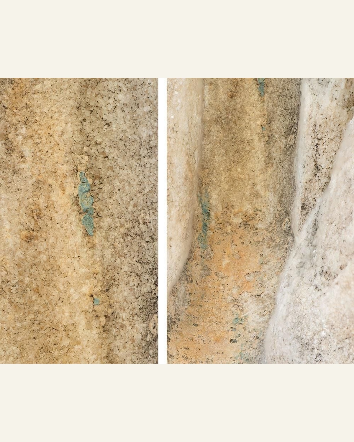 Tiny surviving traces of blue pigment on two Parthenon figures