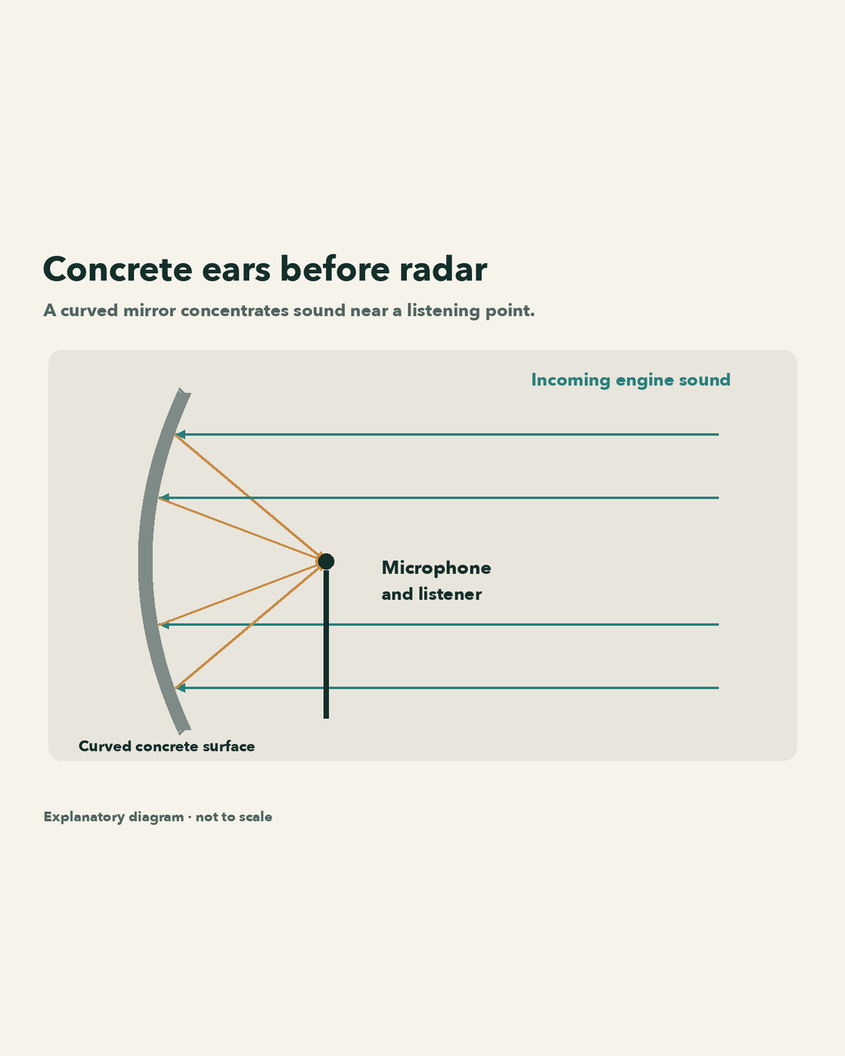 Schematic showing a curved concrete reflector concentrating incoming sound near a microphone