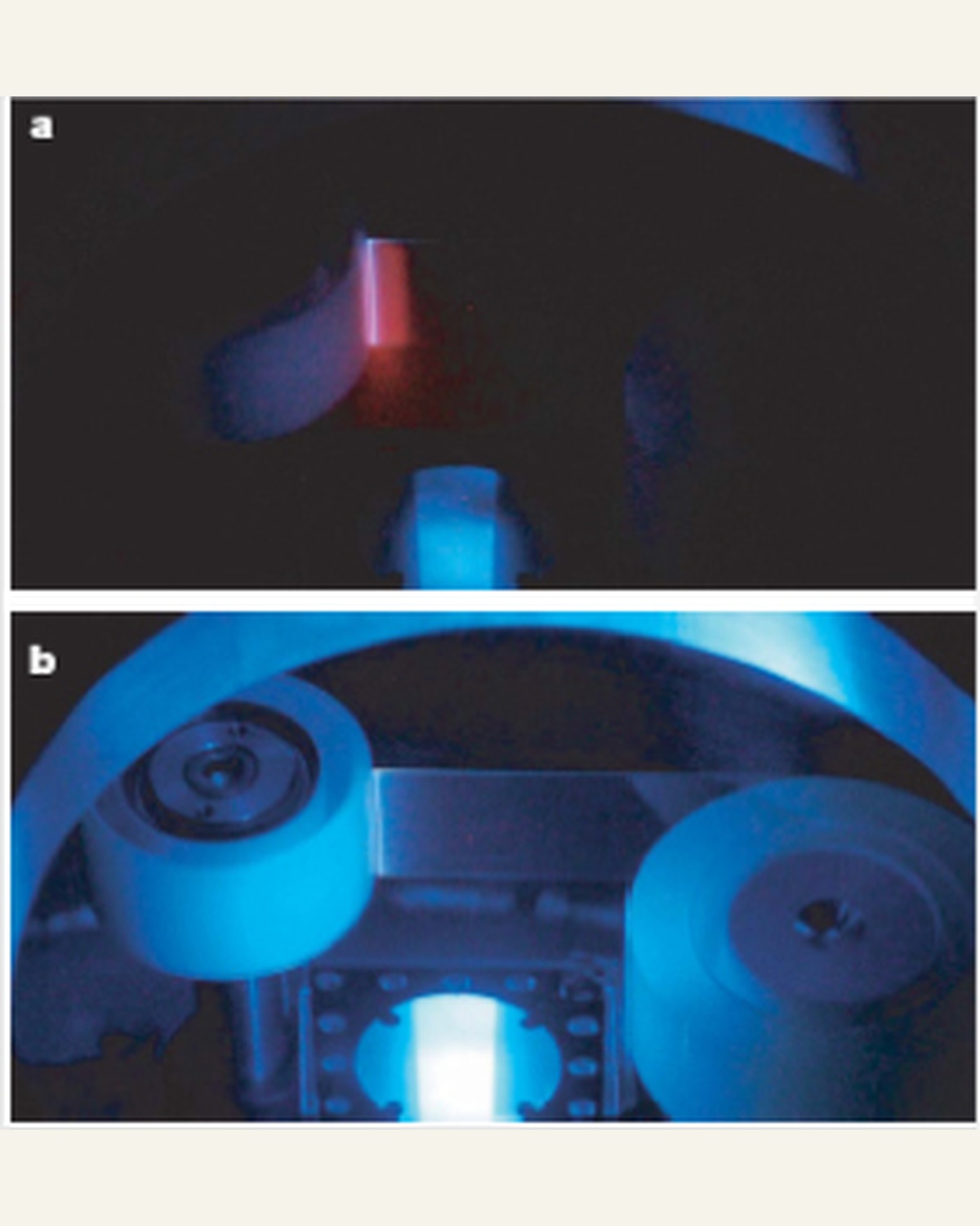 The laboratory tape apparatus and blue scintillator illuminated by the experiment