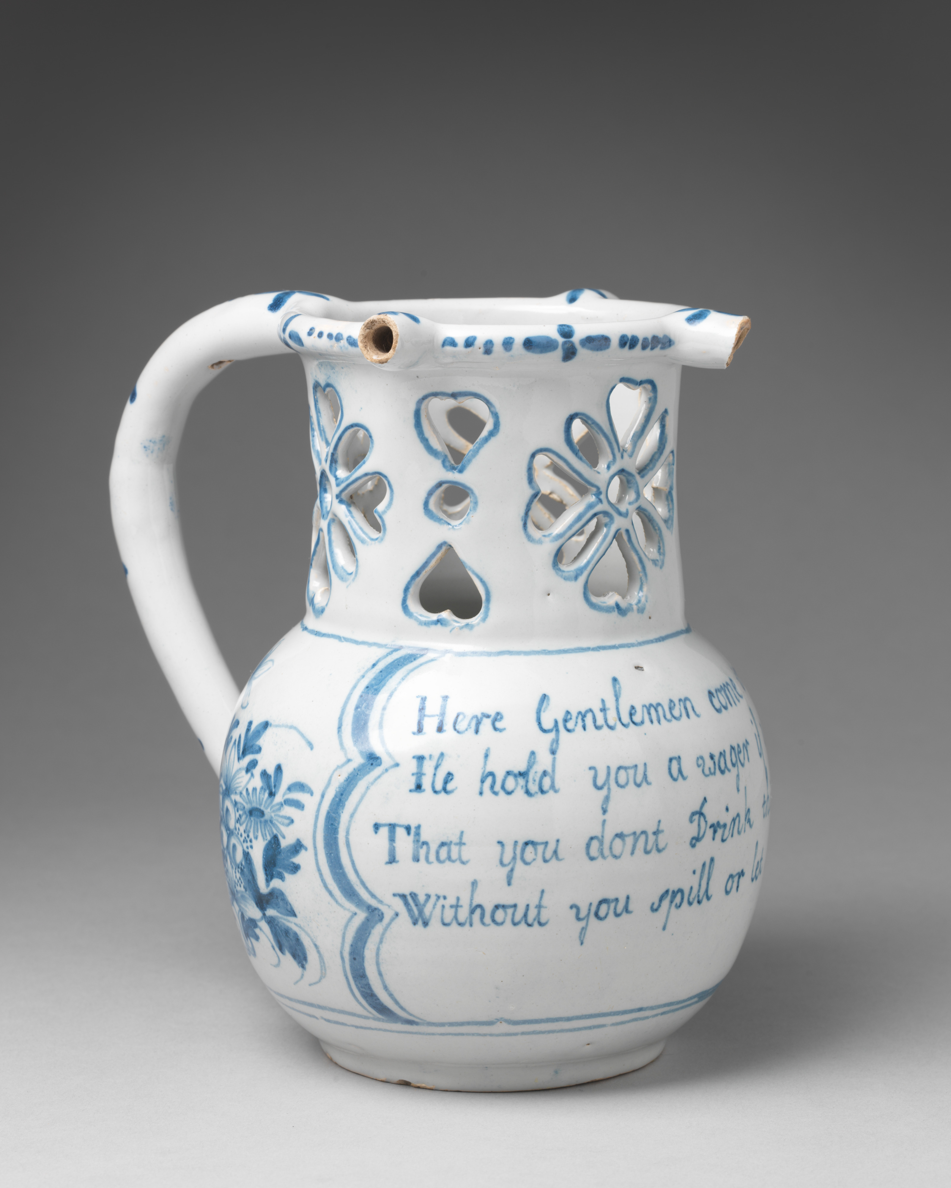 Another 18th-century puzzle jug from the Metropolitan Museum of Art — The Metropolitan Museum of Art, Open Access / public domain. Another 18th-century puzzle jug, accession 30.70.3; original photograph.