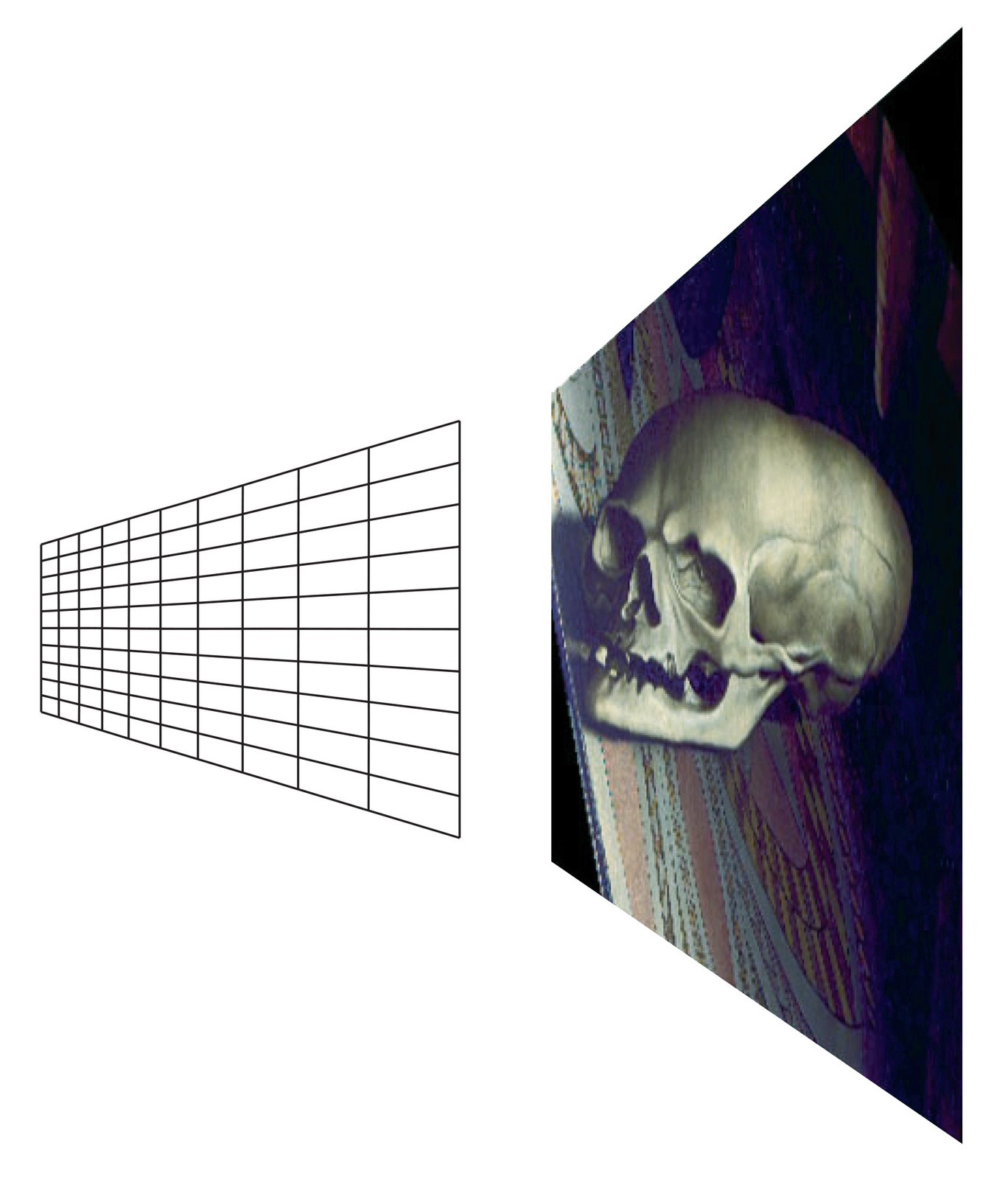The catalogue’s perspective diagram shows the skull from its intended viewing angle — National Gallery, Susan Foister catalogue, Figure 48. Original explanatory diagram resized.