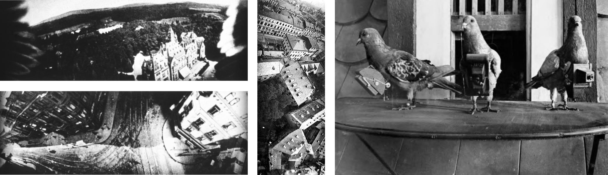 Historic photographs taken by camera pigeons, alongside their camera equipment