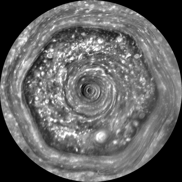 Cassini’s black-and-white time-lapse of Saturn’s north polar hexagon