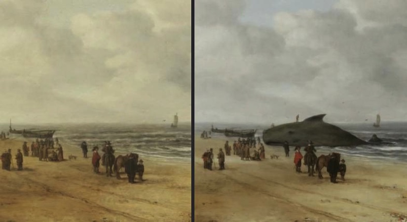 The beach scene before and after the painted-over whale was uncovered — Fitzwilliam Museum, University of Cambridge; press comparison image. The beach scene before and after the painted-over whale was uncovered
