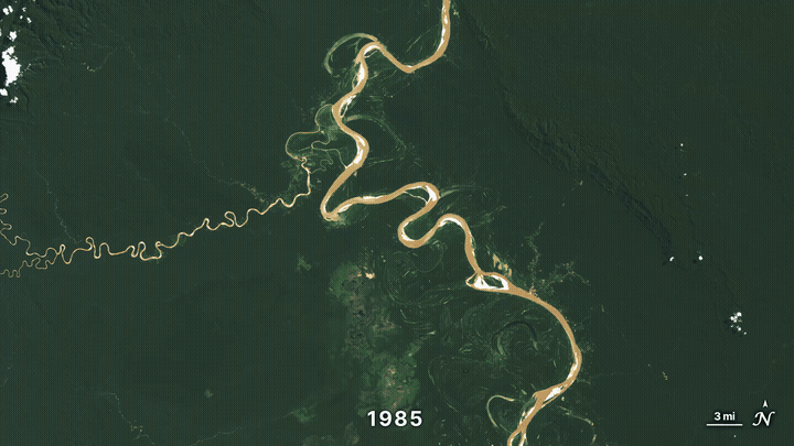 Ucayali River, Peru: Landsat imagery from 1985 to 2023 — NASA’s Scientific Visualization Studio. GIF converted from the original NASA time-lapse.