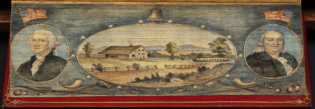 One view of a double fore-edge painting: Washington, a house and Franklin — Boston Public Library / CC BY 2.0 (https://creativecommons.org/licenses/by/2.0/)