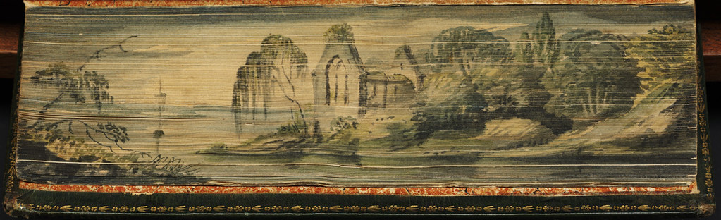 Fore-edge painting: church ruins by a lake — Boston Public Library / CC BY 2.0 (https://creativecommons.org/licenses/by/2.0/)