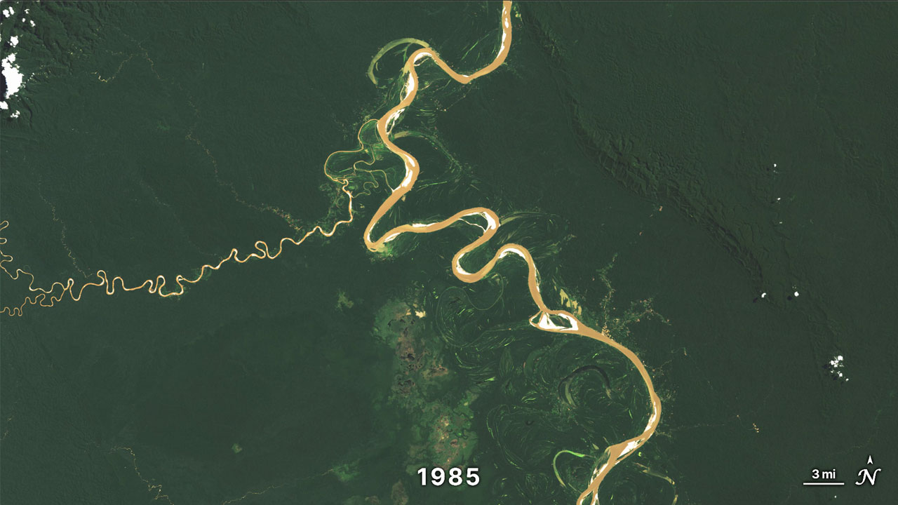 Ucayali River in 1985: meanders and abandoned channels — NASA’s Scientific Visualization Studio. Original still from the Landsat sequence.