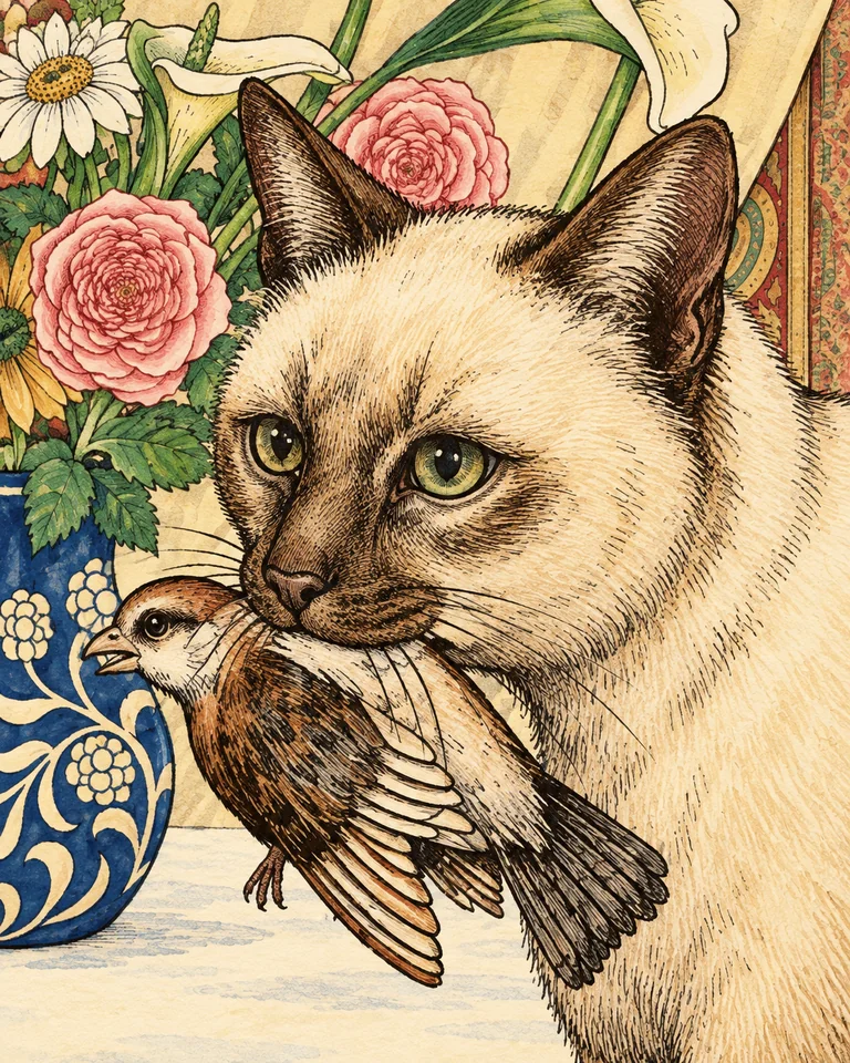 Close-up of a cream cat gently holding a brown bird.