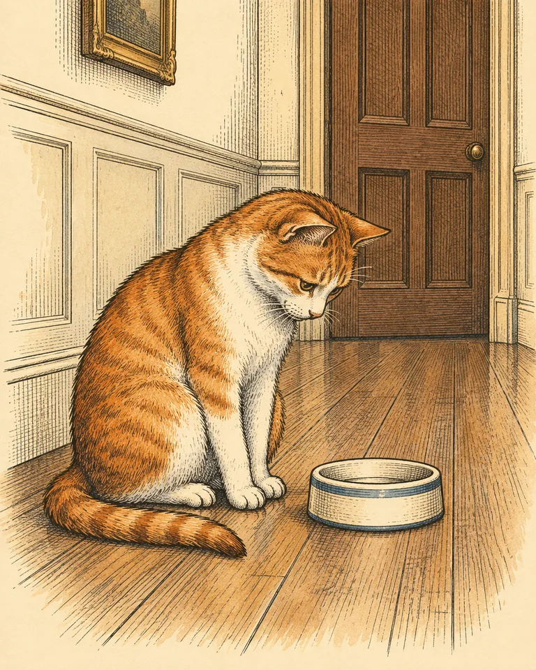 An orange-and-white cat beside an empty food bowl.