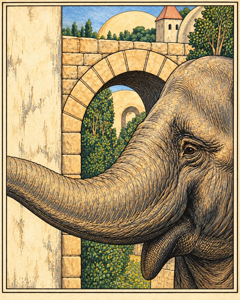 Close view of an elephant beside a stone archway. Close view of an elephant beside a stone archway.