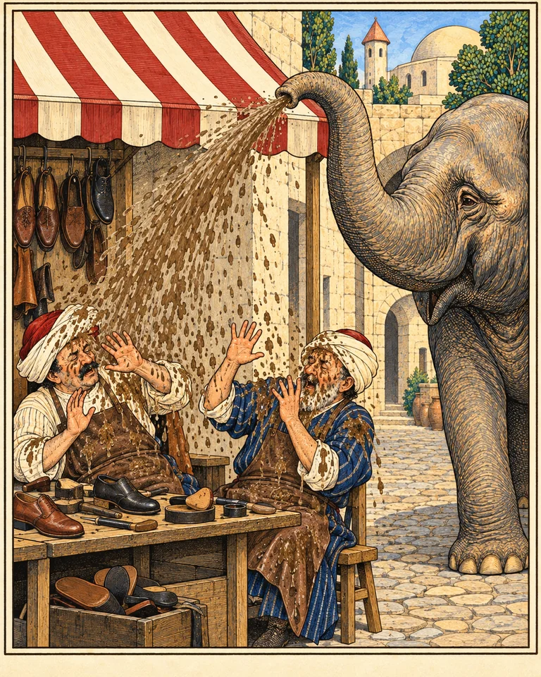 An elephant sprays muddy water over two startled cobblers. An elephant sprays muddy water over two startled cobblers.