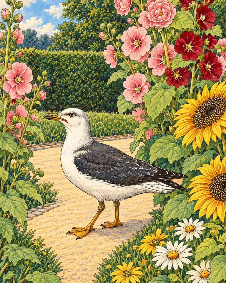 Willie the seagull on a garden path among flowers.