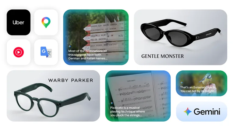 Official Google illustration of intelligent eyewear and Gemini use cases. Announced products. Google intelligent eyewear collage showing frames and Gemini assistance examples
