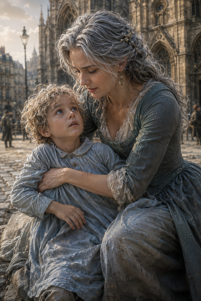 His mother lifted the fallen child near the old cathedral.