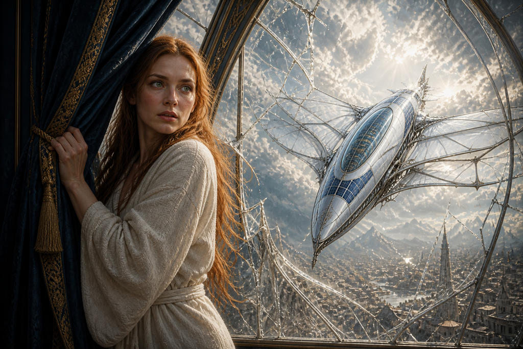 The craft descended through a cracked dome, and Eva fled behind a heavy curtain.