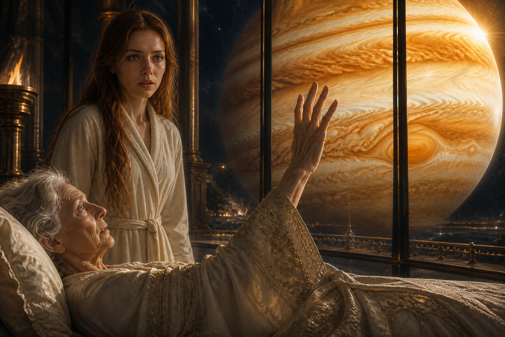Beside Eva, her mother opened her eyes and raised one shaking hand toward Jupiter.