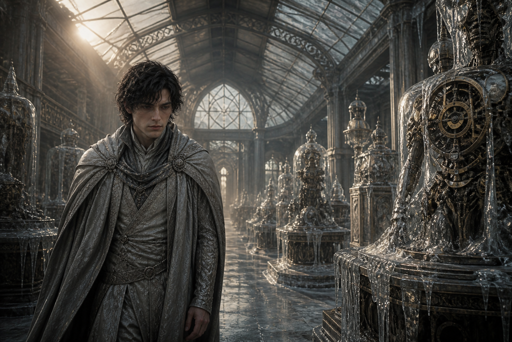 Omegar wandered beneath frozen glass roofs, where every machine outlived its maker.