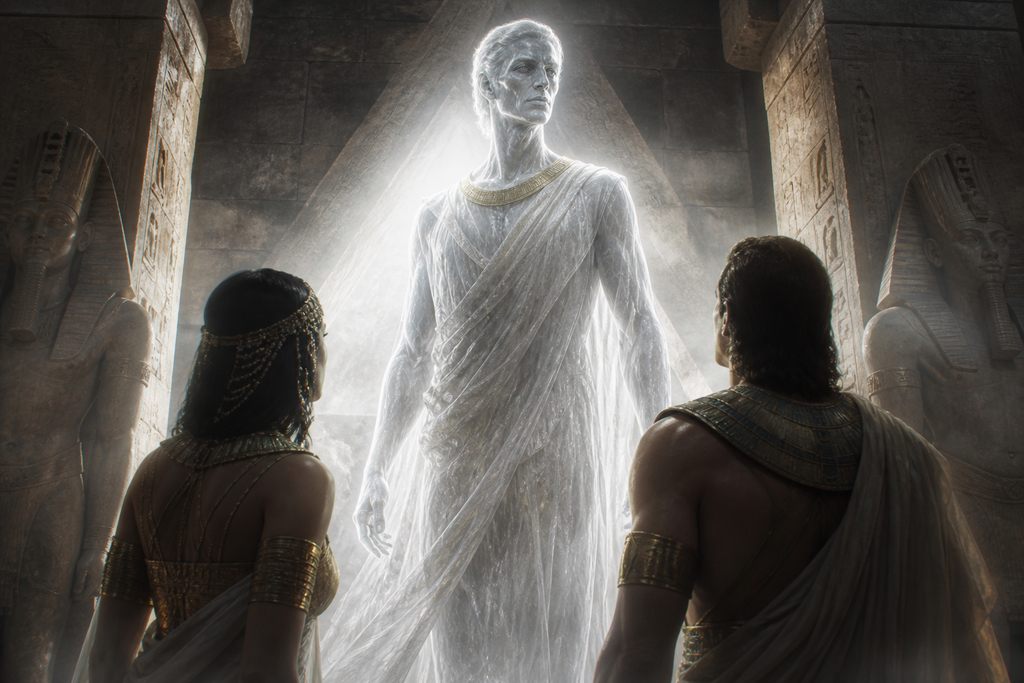 Cheops rose luminous from the pyramid shadows.