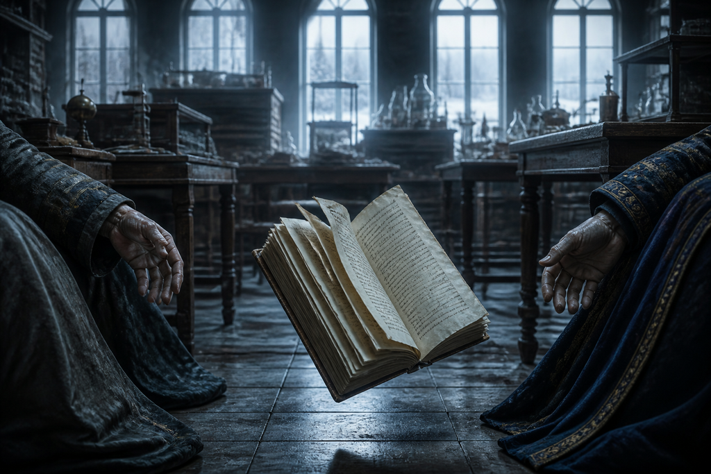 Two old scholars lay silent, and their unfinished work slipped from cold hands.