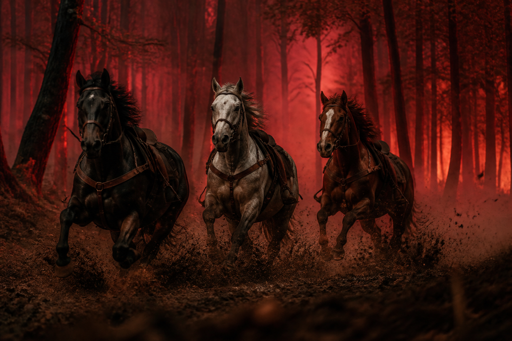 That growl chased three horses into a forest burning red at midnight.