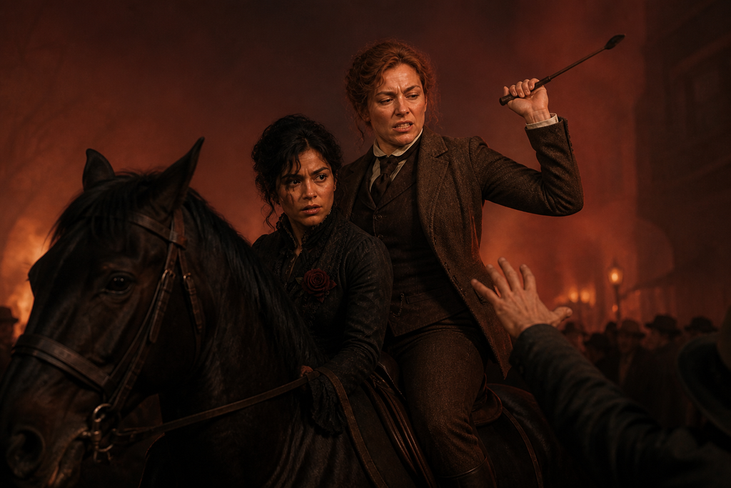 Edith Metford rode behind Natalie Brande, striking away hands from the dark.