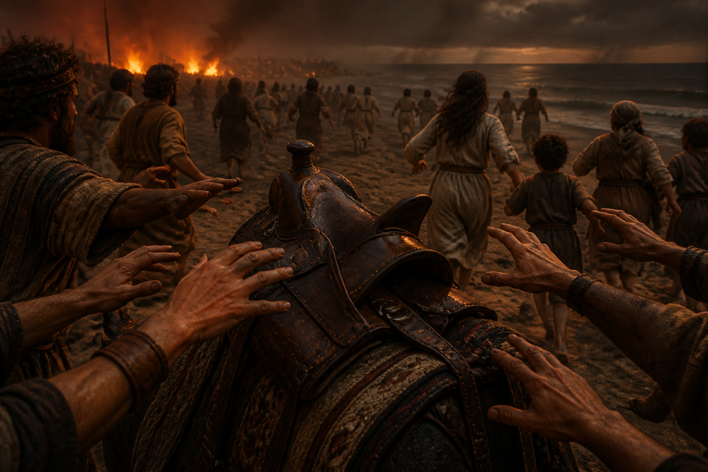 Followers fought over saddles while families ran barefoot toward shore.