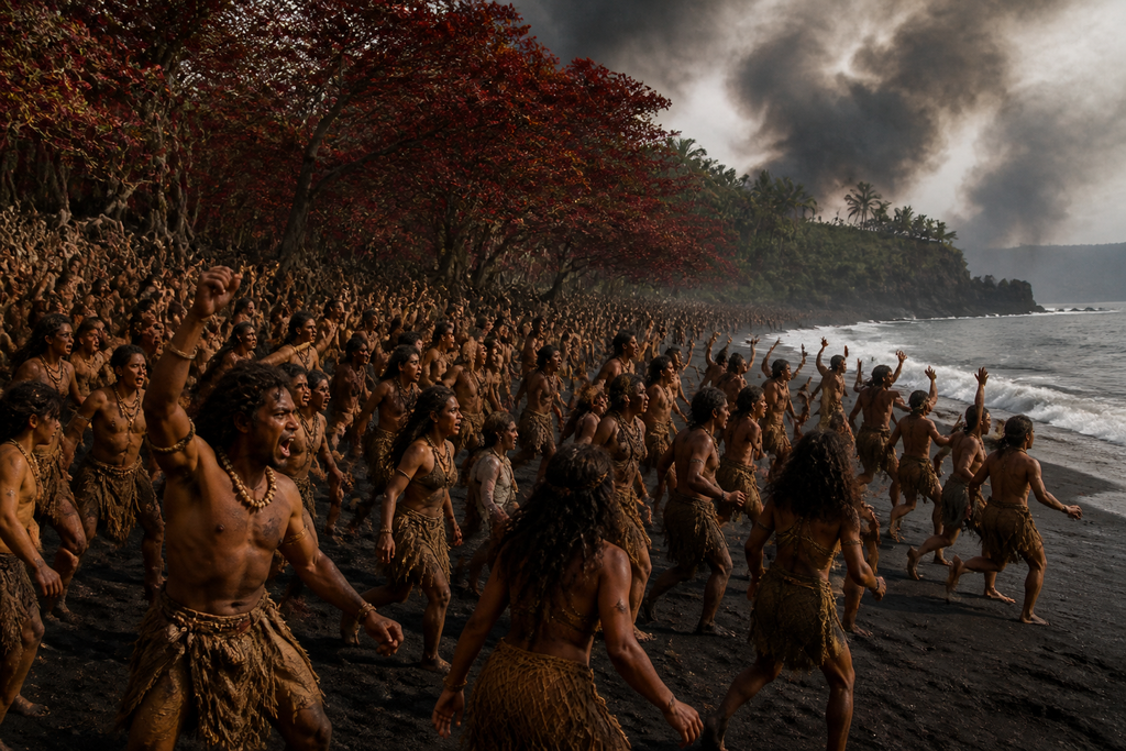 The screams sharpened as the trees opened onto a beach crowded with islanders.