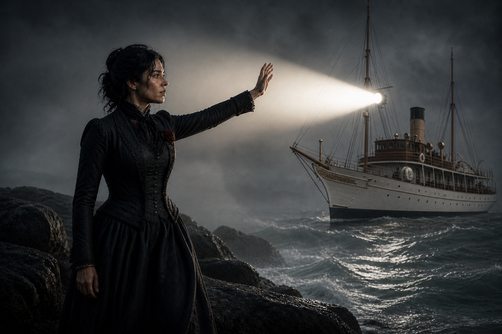 Natalie Brande climbed onto a rock and held her bleeding hand in the ship's searchlight.