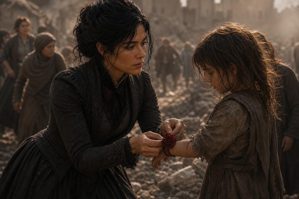 Natalie Brande tore away her red rose and tied it to the smallest child's wrist.