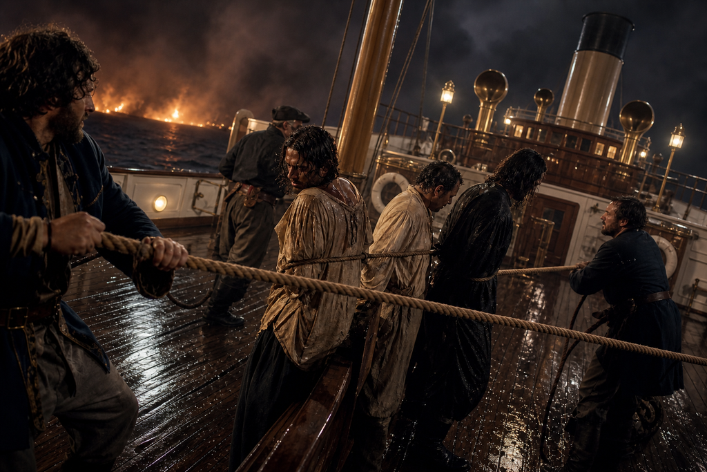 The deck rolled as sailors lashed survivors to rails and one another.