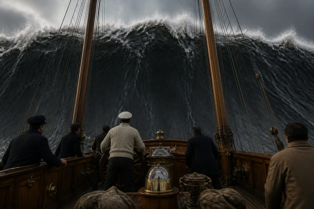 Behind the stern, black water rose higher than the masts.