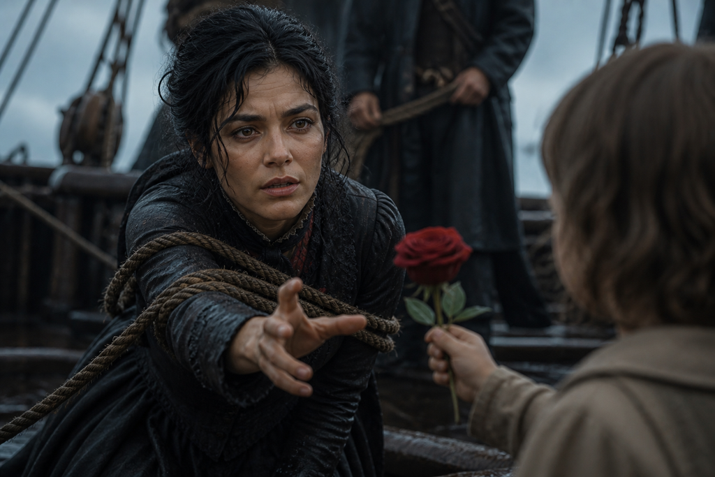 The child cried, and Natalie Brande reached toward the red rose.