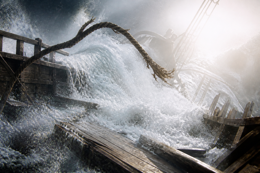 Rope snapped, timber screamed, and the deck disappeared beneath white foam.