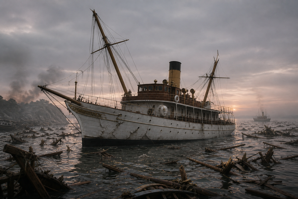 Darkness thinned to gray as the broken Esmeralda surfaced among splintered boats.