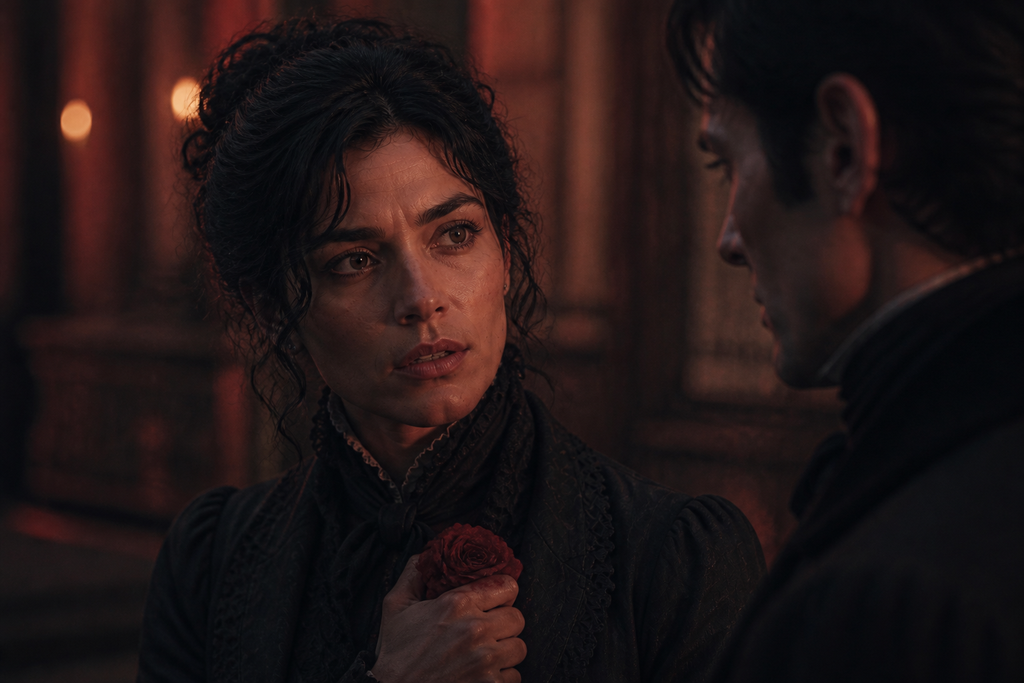 Natalie Brande stood beside her brother, one hand crushed around the red rose at her collar.