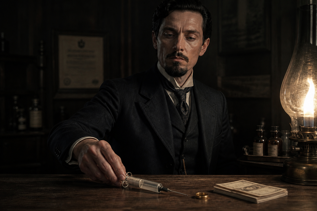 Van Heerden's pale hand entered below, arranging a syringe, a ring, and folded bank papers on one table.