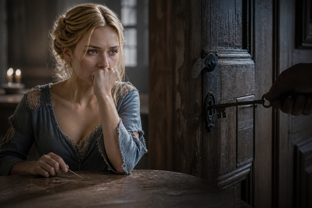 The needle tapped the tabletop as she pressed her fist against her mouth, and footsteps reached the landing before a key scraped toward the lock.