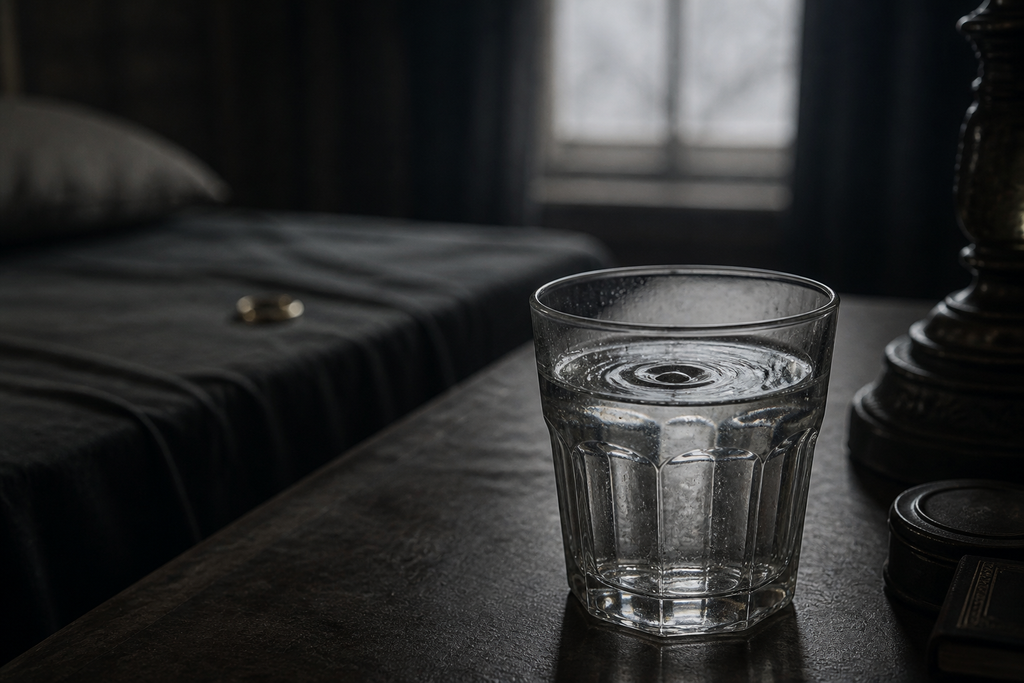 When he left, the untouched water shivered with the door's slam.
