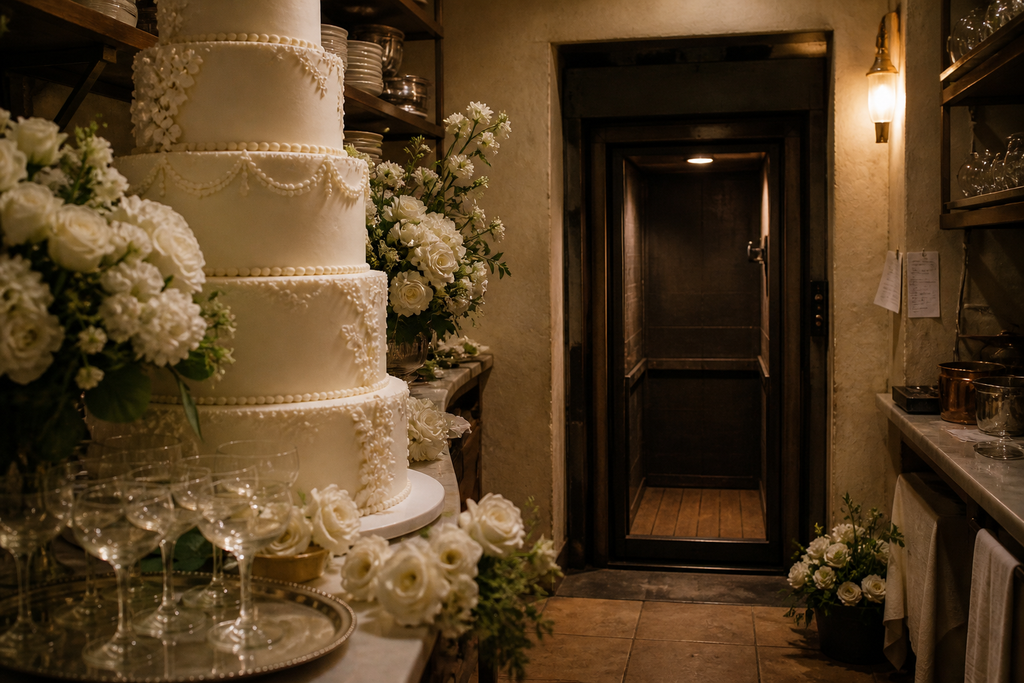 The shaft opened behind a pantry stacked with wedding cake, white flowers, and empty champagne glasses.