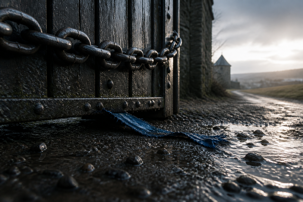 The chain held, but a torn blue ribbon slipped beneath it.