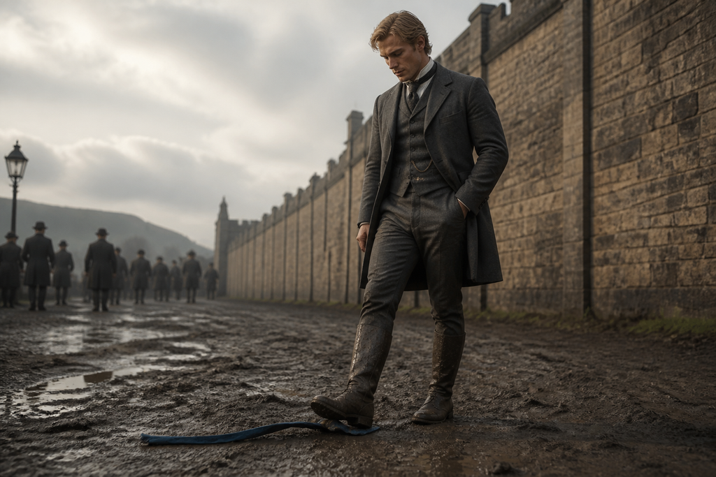 The blue ribbon stopped against Beale's muddy boot outside the wall.