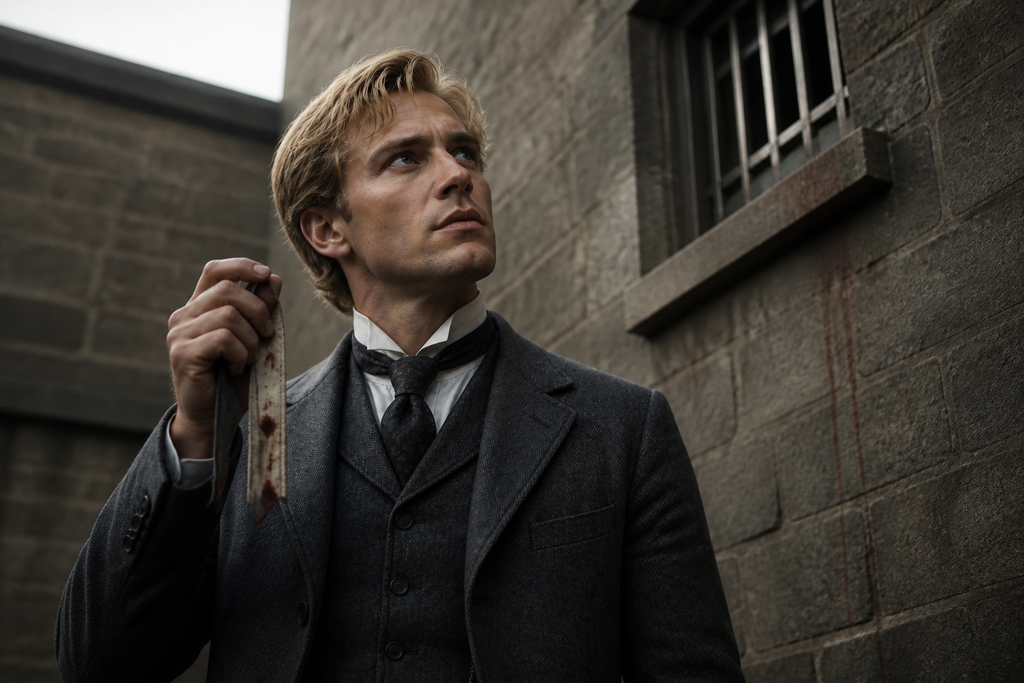 He lifted it, saw fresh blood on the fabric, and looked toward the barred upper window.