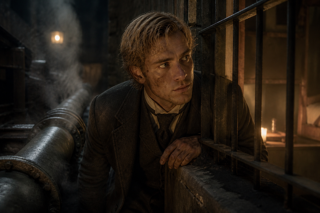 He crawled through darkness, followed a hot pipe, and rose behind the bars of Oliva's room.